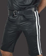 NUEVO Pantalón Corto Para Hombre Negro Blanco Rayas 100% Piel de Cordero Real Estilo Calce Ajustado Pantalón