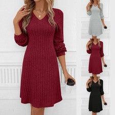 Vestido mujer cuello en V rayas manga larga ocio entallado invierno moda