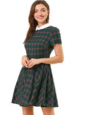 Vestido de mujer a cuadros en contraste cuello abullonado mangas sobre rodilla