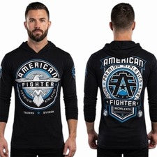 AMERICAN FIGHTER Negro Azul Blanco BROCKPORT Manga Larga Sudadera con Capucha Camiseta Nueva con Etiquetas
