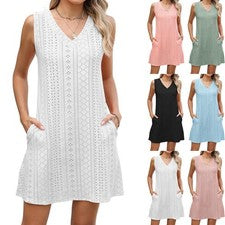 Vestido casual verano mujer bolso monocromático cuello en V sin mangas cómodo ajuste