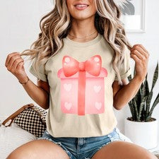 Linda Acuarela Corazón Caja de Regalo Mujer Camiseta Rosa Lazo Moda Regalo de Cumpleaños