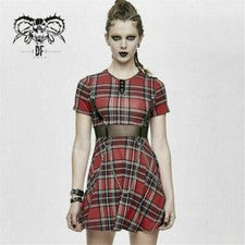 Vestido corto a cuadros punk para mujer con cinturón cadena extraíble vestidos manga corta