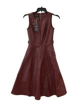 Moda Colección Marrón Imitación Cuero Vestido Midi Mujer XS Sin Mangas Línea A Cremallera