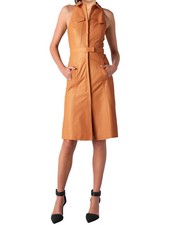 Mini vestido de club nocturno de cuero genuino de piel de cordero con cuello para mujer