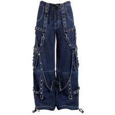 Pantalones de mezclilla azules góticos con cremallera Punk Hebilla Cremalleras Cadena Correa Pantalones PANTALÓN