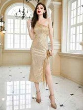 Vestido Elegante Largo Evento Noche Oro Pedrería Moda Sirena Satén 71866