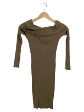Vestido de punto mujer VERA & LUCY S oliva hombro roto punto acanalado manga larga midi