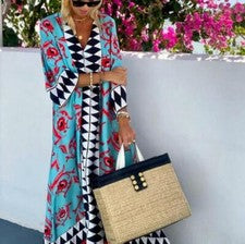 Maxi Vestido Largo BOHO para Mujer Moda Cuello en V Estampado Mangas 3/4 Vacaciones Playa DD