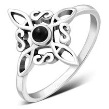 Anillo de plata de ley 925 - Nudo de bruja - Obsidiana negra - Varios tamaños