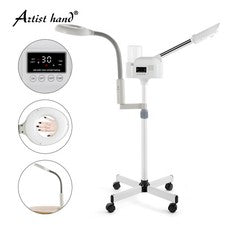 Vaporizador facial caliente 2 en 1 5X LED lámpara de aumento UV ozono LCD cuidado de la piel salón spa