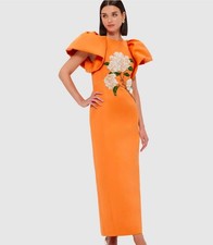 Maxi Vestido Para Mujer Naranja Amarillo Fiesta 3D Floral Hombro Grande Moda Cremallera