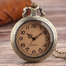Collar de reloj de bolsillo de cuarzo analógico con estuche transparente retro de bronce para hombre y mujer