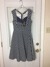Vestido para mujer nuevo con etiquetas azul marino y blanco lunadote estilo pinup hasta la rodilla talla pequeña