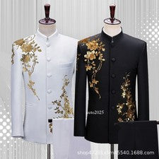 Traje de hombre con cuello alto chaqueta negra estilo chino abrigo de un solo pecho pantalones