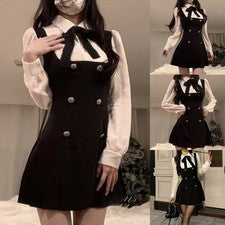 Vestido informal negro para mujer línea A con mangas largas y diseño de lazo