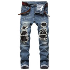 Pantalones de mezclilla ajustados informales ajustados de malla rasgada elásticos para hombre