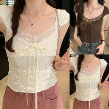 Moda Mujer Sólido Encaje Camiseta Cuello en V Manga Corta para Verano Trajes