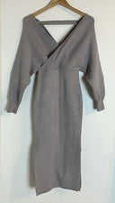 Moda Vestido Suéter Midi Acanalado Nova Mona Gris Manga Larga Cuello en V Para Mujer’s S