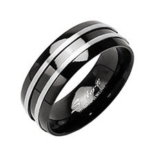 Anillo de titanio negro pulido hombre mujer anillo de pareja joyería 2 rayas de plata