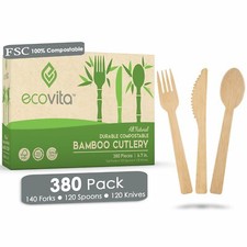Tenedores compostables 100 % bambú cucharas y cuchillos - Combo de cubiertos ecológicos de 380 piezas