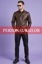 Pantalones de mezclilla de cuero de cordero negro/marrón para hombre y camisa estilo pecho dos bolsillos