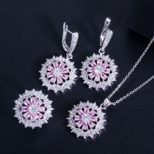 Bonito conjunto de anillos colgantes de flores enchapados en plata para mujer circonita cúbica joyería