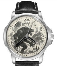 Reloj Pulsera Hombre Lobo Tema Retro Correa Cuero Esfera Grande