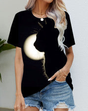 Blusa Camiseta Mujer Negro Gato Silhouett Luna Moda Manga Corta Camiseta Suave