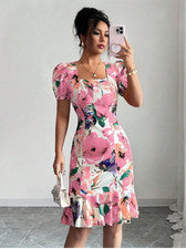 Vestido para mujer Elenzga de moda elegante romántico estampado floral cuello cuadrado