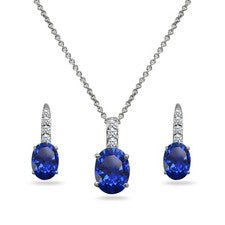 Conjunto de collar colgante y pendientes con cierre de palanca de plata 925 de zafiro azul creado ovalado