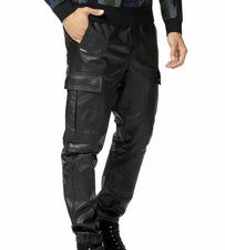 Pantalón de chándal negro de cuero suave de vaca real para hombre con bolsillo estilo cargo