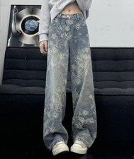 Pantalones de mezclilla azules para hombre de pierna recta estampados florales pantalones de moda punk