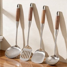 Juego de utensilios de cocina de acero inoxidable 316L con mango de madera para wok y freír