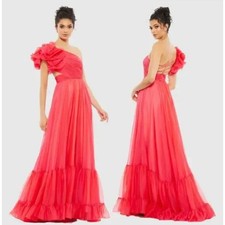 Maxi Vestido MAC DUGGAL A67941 Un Hombro Rosa Caliente Gasa Volantes Para Mujer Talla 6