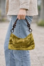 Bolso de Hombro Baguette Vintage con Asa de Cuentas de Madera, Bolso de Mano de Tela Dorada Y2K
