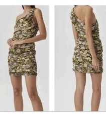 Mini Vestido ZARA Un Hombro Acanalado Estampado Floral Metálico Cremallera Lateral Amarillo Púrpura