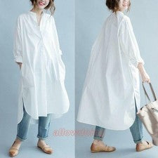 Maxi Vestido Camisa Larga de Algodón para Mujer Suelto Informal Moda Coreana Verano Retro