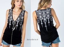 EE. UU. Nueva CAMISA SIN MANGAS VOCAL Mujer NEGRO CRISTAL CRUZ CREMALLERA SIN MANGAS S M L XL