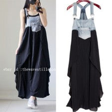 Moda Para Mujer Verano Informal Denim Empalme Gasa Maxi Vestido Largo M~3XL