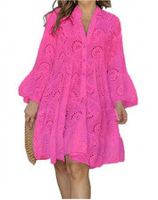 Vestido suelto de manga larga con ribete de encaje hueco informal de moda para mujer