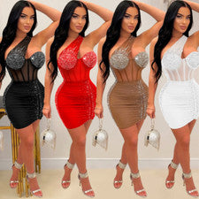 Moda Mujer Estrás Cuentas Malla Transparente Bodycon Noche Fiesta Club Vestido Corto