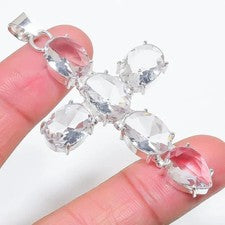 Colgante Cruz Topacio Blanco Piedras Preciosas Plata Esterlina 925 Hecho a Mano Joyería Regalo Para