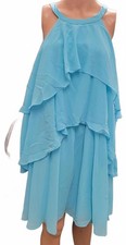 Vestido de moda DRESSTELL para mujer línea A halter con volantes en capas azul claro talla L
