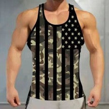 ⭐Hombres Camiseta Sin Mangas Camuflaje Marrón Bandera Americana Gráfico Gimnasio