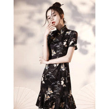Vestido de mujer satinado Cheongsam estampado floral cuello mandarina retro estilo chino
