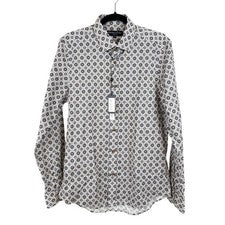 Camisa Casual Moderna Paisley & Gris Para Hombres M Calce Ajustado Blanca Multi Botones Nueva con Etiquetas