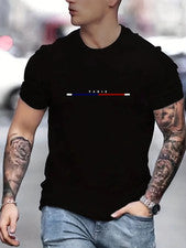 Camiseta Para Hombre Estampado París Elegante Moda Doble Color Calce Ajustado Cuello Redondo