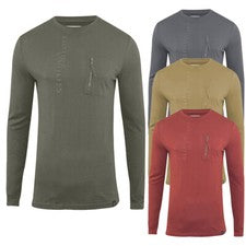 Nueva Camiseta Para Hombre Manga Larga Cuello Redondo Informal Bolsillo con Cremallera 100% Algodón Moda Top