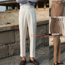 Hombres Retro París Hebilla Nápoles Pantalones Cintura Alta Pantalón Recto Informal Traje Pantalón